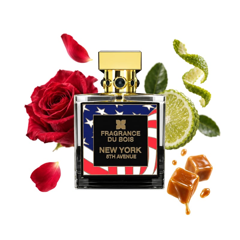 New York 5th Avenue by Fragrance Du Bois, bottle pictured with its key notes: Rose, Bergamot and Caramel