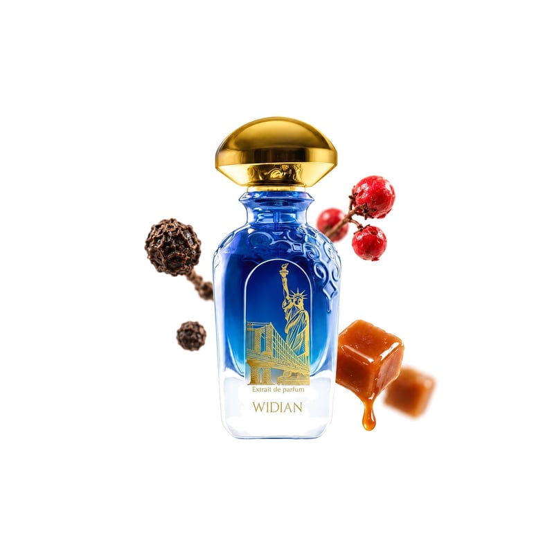 New York by WIDIAN, bottle pictured with its key notes: Black Pepper, Pink Pepper and Caramel