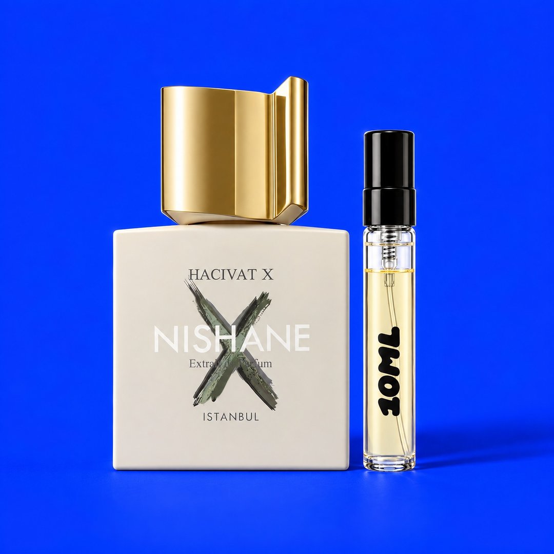 Decant på 10 ml af Hacivat X fra Nishane ved siden af originalflasken