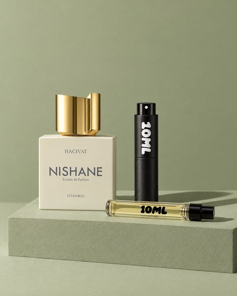 Nishane Hacivat s cestovním rozprašovačem 10ML a náhradní lahvičkou 10ML na zeleném podstavci