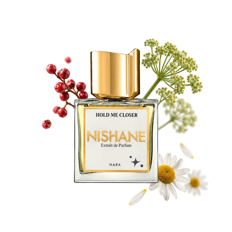 Hold Me Closer by Nishane, bottle pictured with its key notes: Pink Pepper, Angelica and Chamomile