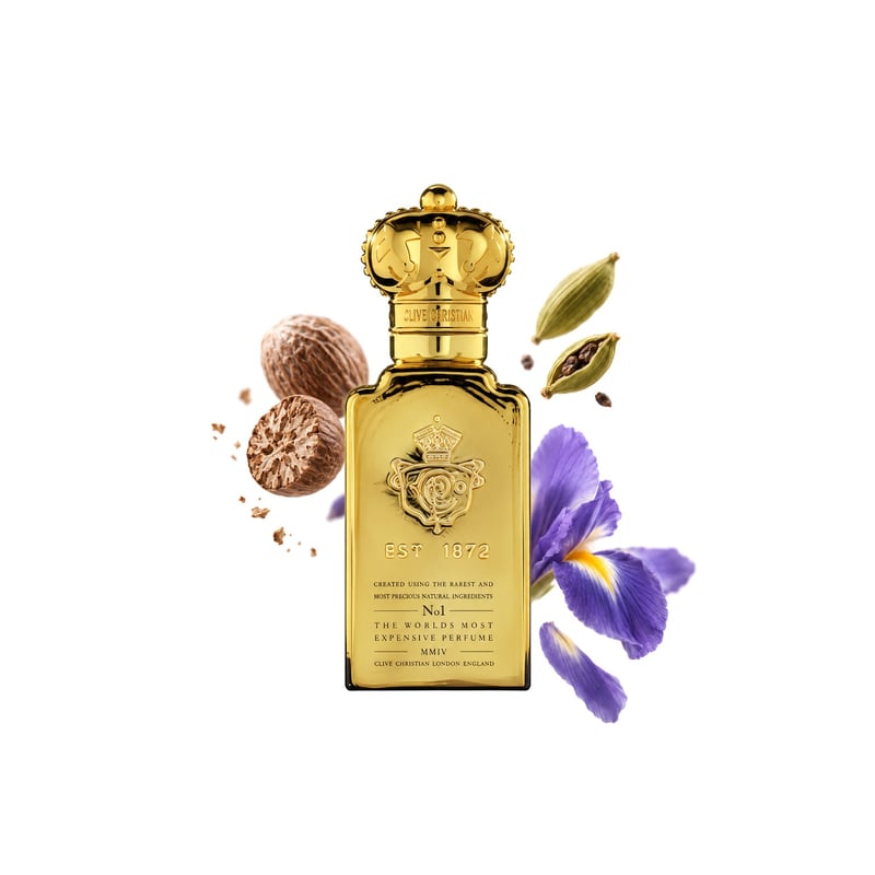 No. 1 Clive Christian for men by Clive Christian, bottle pictured with its key notes: Nutmeg, Cardamom and Iris