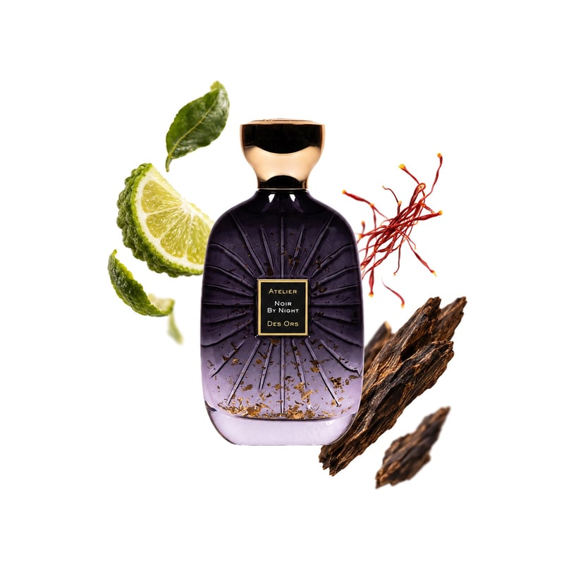 Noir by Night by Atelier des Ors, bottle pictured with its key notes: Bergamot, Saffron and Oud