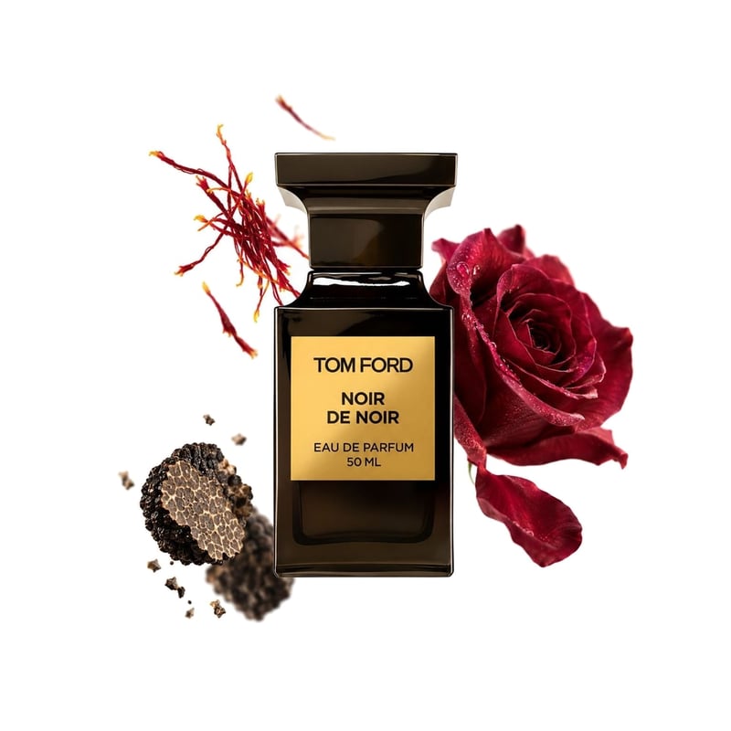 Noir de Noir by Tom Ford, bottle pictured with its key notes: Saffron, Black Truffle and Rose