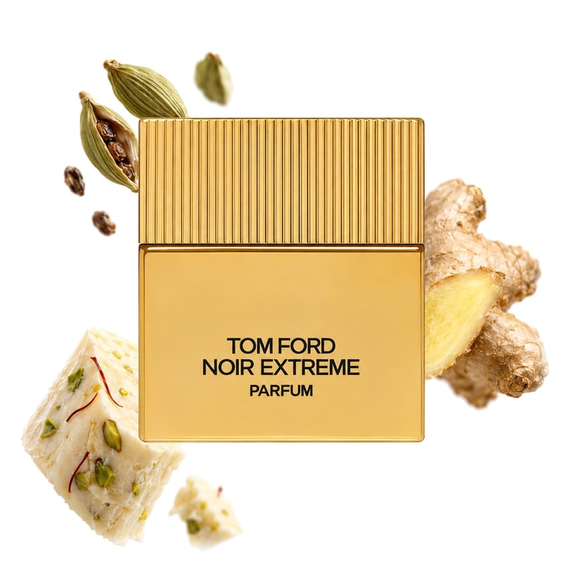 Noir Extreme Parfum by Tom Ford, bottle pictured with its key notes: Cardamom, Ginger and Kulfi