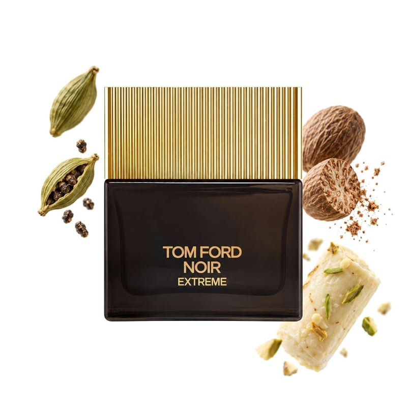 Tom Ford Noir Extreme, flakon a jeho klíčové tóny: Kardamom, Muškátový oříšek a Kulfi