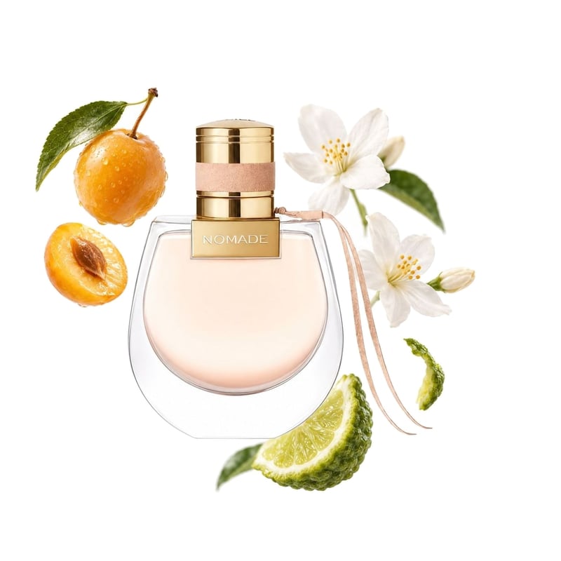 Nomade by Chloé, bottle pictured with its key notes: Mirabelle, Bergamot and Jasmine