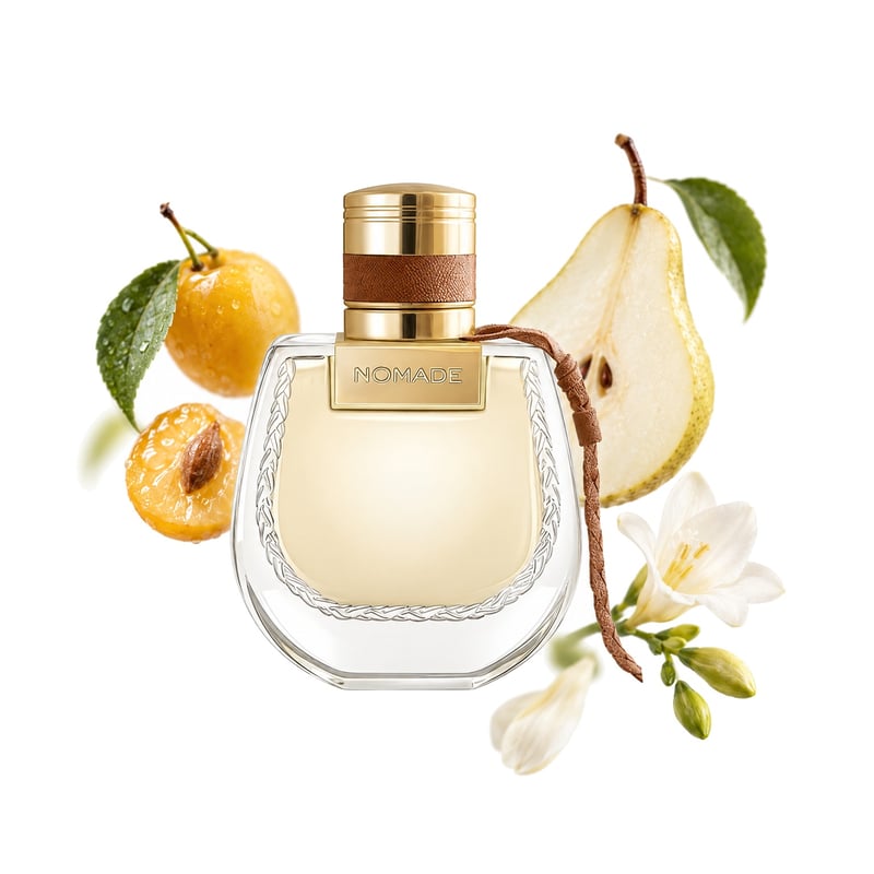 Nomade Jasmin Naturel Intense by Chloé, bottle pictured with its key notes: Mirabelle, Pear and Freesia