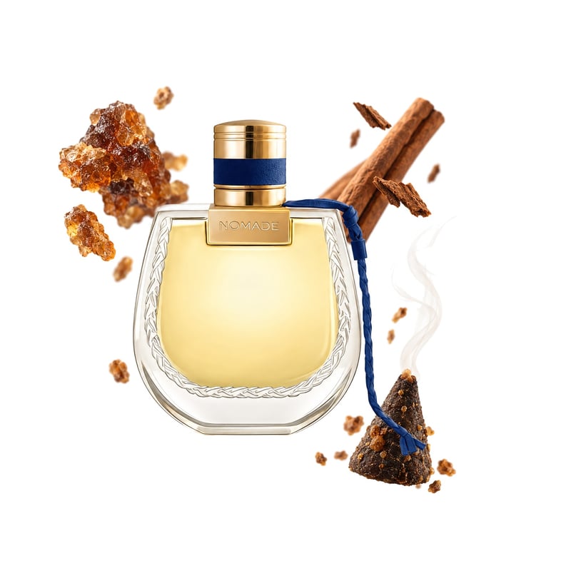 Nomade Nuit d’Egypte by Chloé, bottle pictured with its key notes: Myrrh, Cinnamon and Kyphi