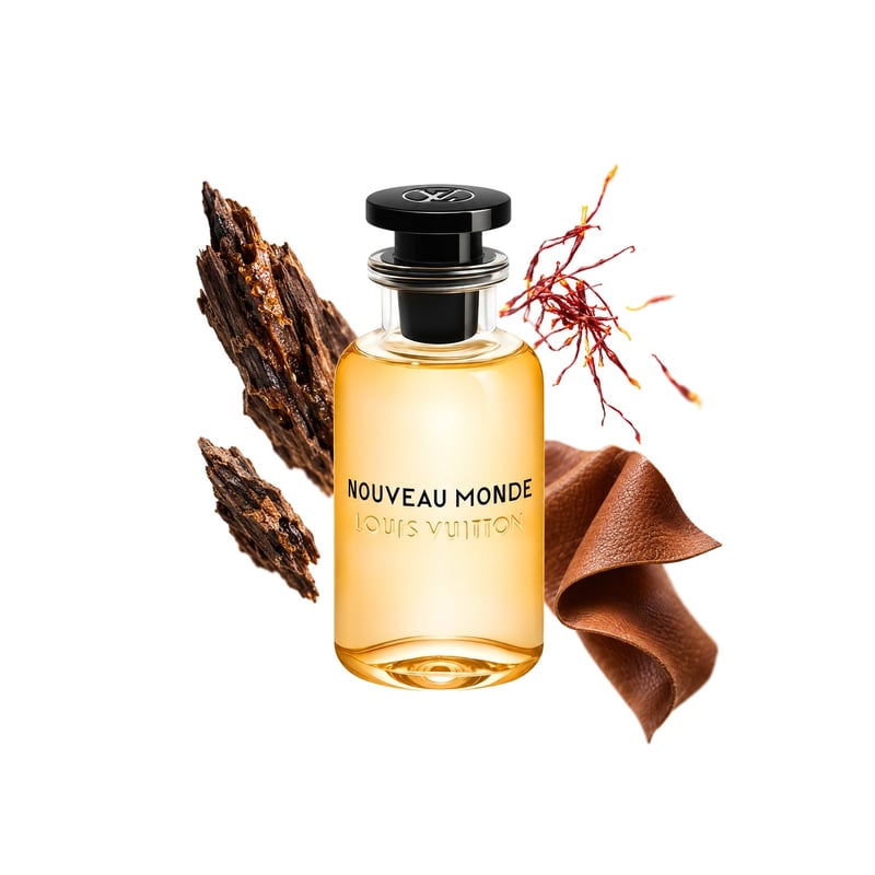 Nouveau Monde by Louis Vuitton, bottle pictured with its key notes: Oud, Saffron and Leather