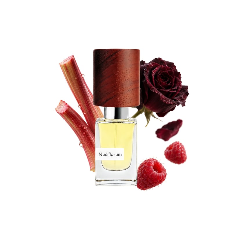 Nudiflorum by Nasomatto, bottle pictured with its key notes: Rhubarb, Black Rose and Raspberry