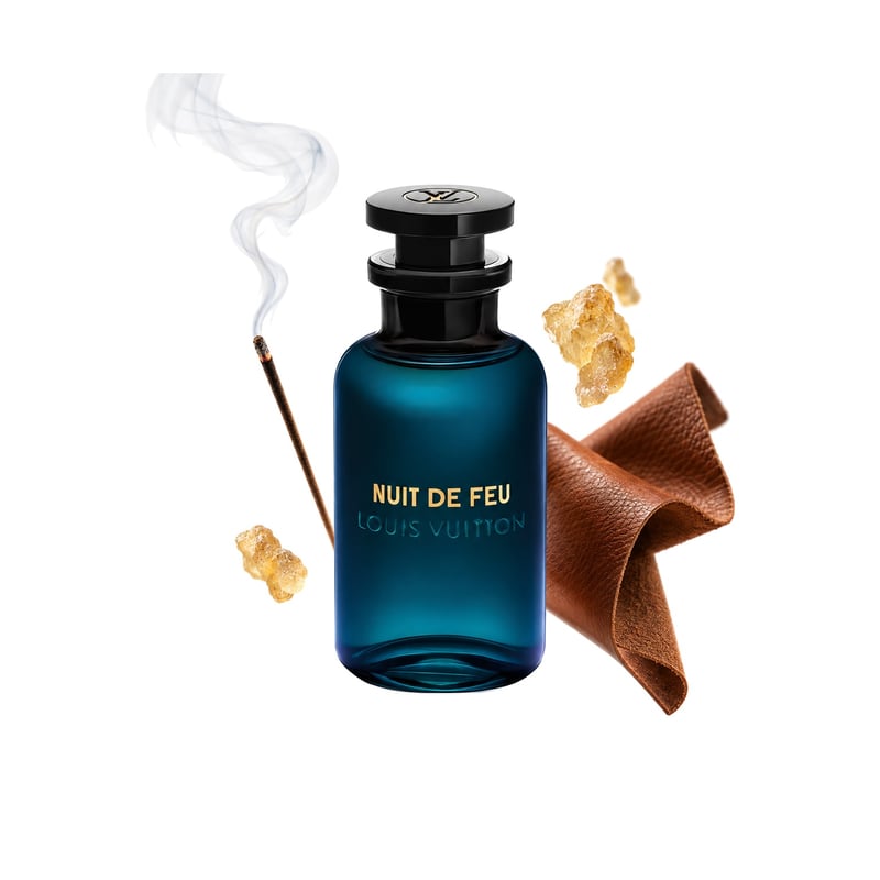 Nuit de Feu by Louis Vuitton, bottle pictured with its key notes: Incense, Olibanum and Leather