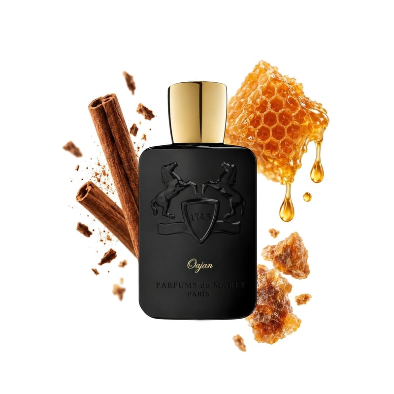 Oajan by Parfums de Marly, bottle pictured with its key notes: Cinnamon, Honey and Benzoin