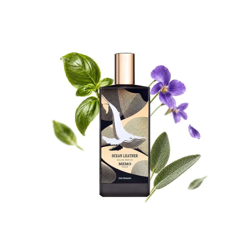 Ocean Leather by Memo Paris, bottle pictured with its key notes: Basil, Violet and Sage