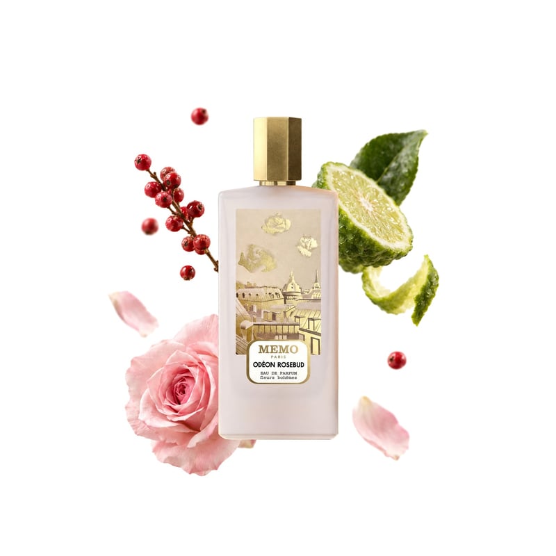 Odéon Rosebud by Memo Paris, bottle pictured with its key notes: Pink Pepper, Bergamot and Rose