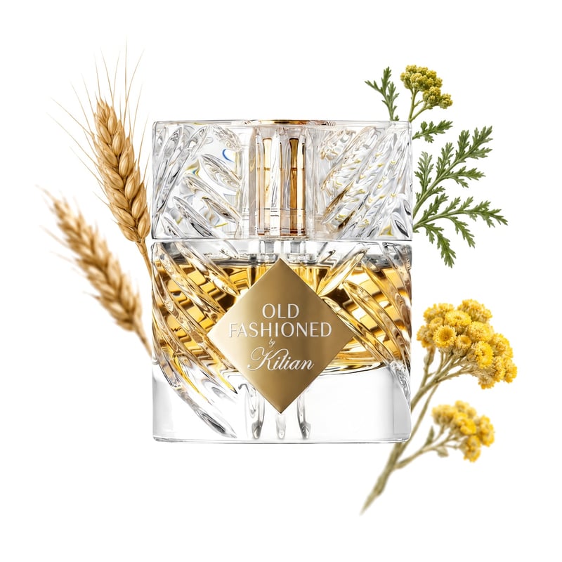 Old Fashioned by By Kilian, bottle pictured with its key notes: Wheat, Davana and Immortelle