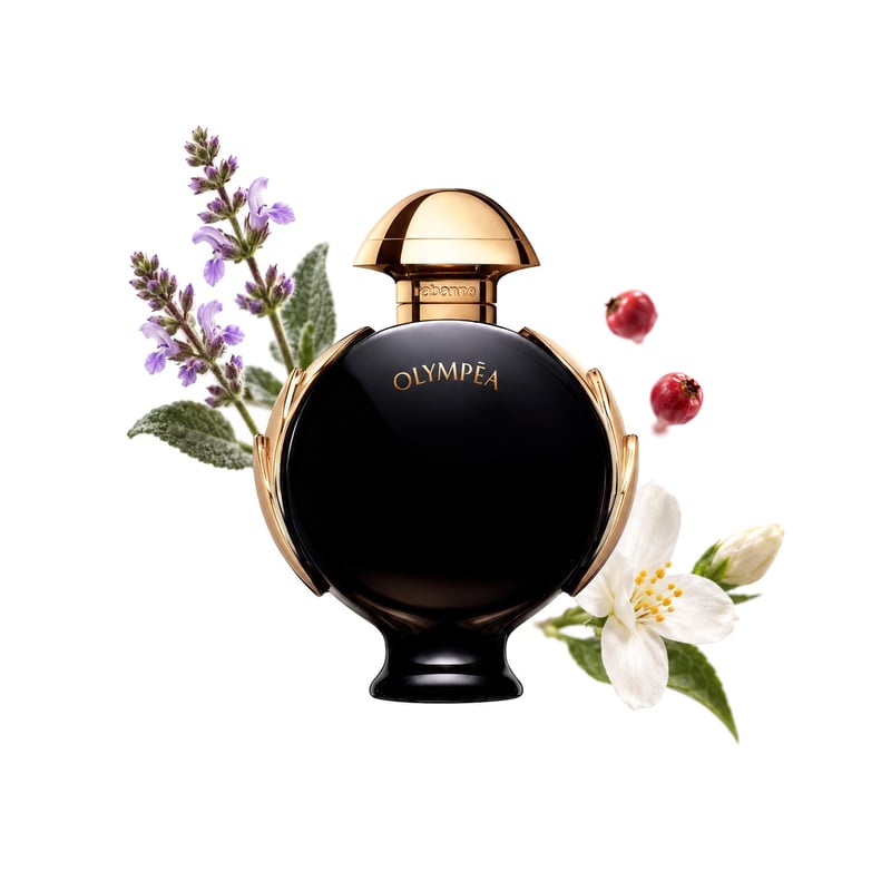 Rabanne Olympéa Parfum, flakon a jeho klíčové tóny: Muškátový šalvěj, Růžový pepř a Jasmín