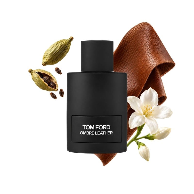 Ombre Leather by Tom Ford, bottle pictured with its key notes: Cardamom, Leather and Jasmine Sambac