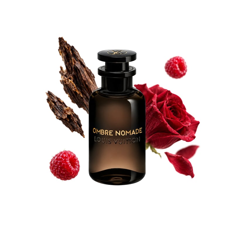 Ombre Nomade by Louis Vuitton, bottle pictured with its key notes: Oud, Raspberry and Rose