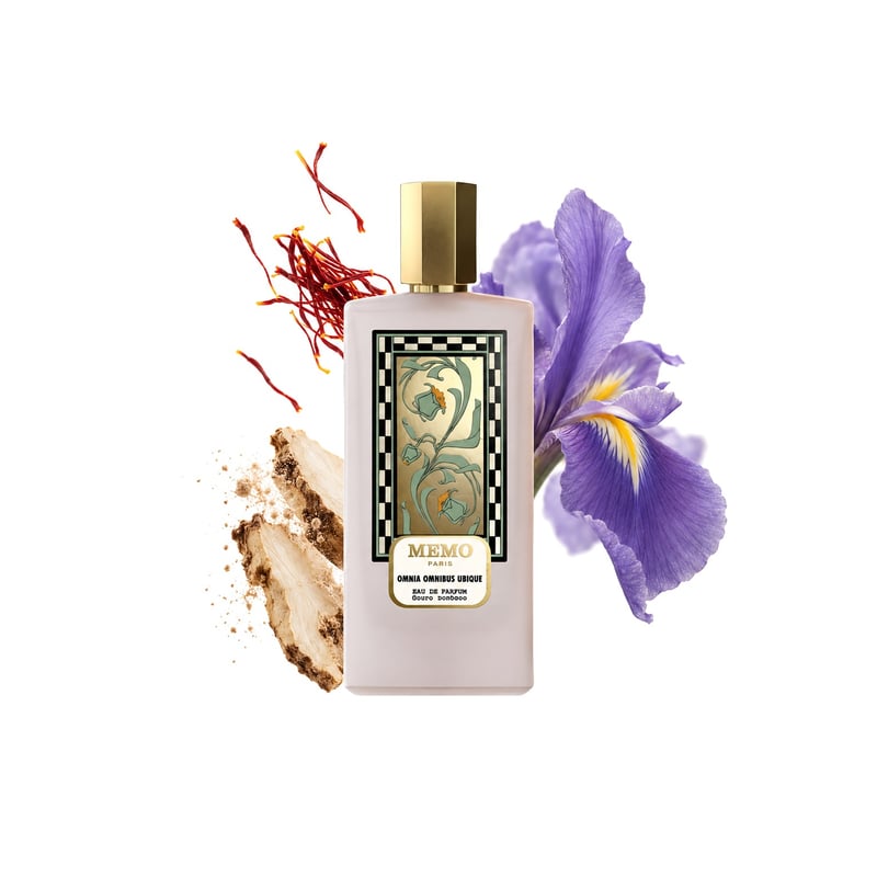 Omnia Omnibus Ubique by Memo Paris, bottle pictured with its key notes: Saffron, Iris and Orris