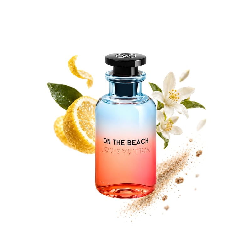 On The Beach von Louis Vuitton, Flakon mit seinen Hauptnoten: Yuzu, Neroli und Sand