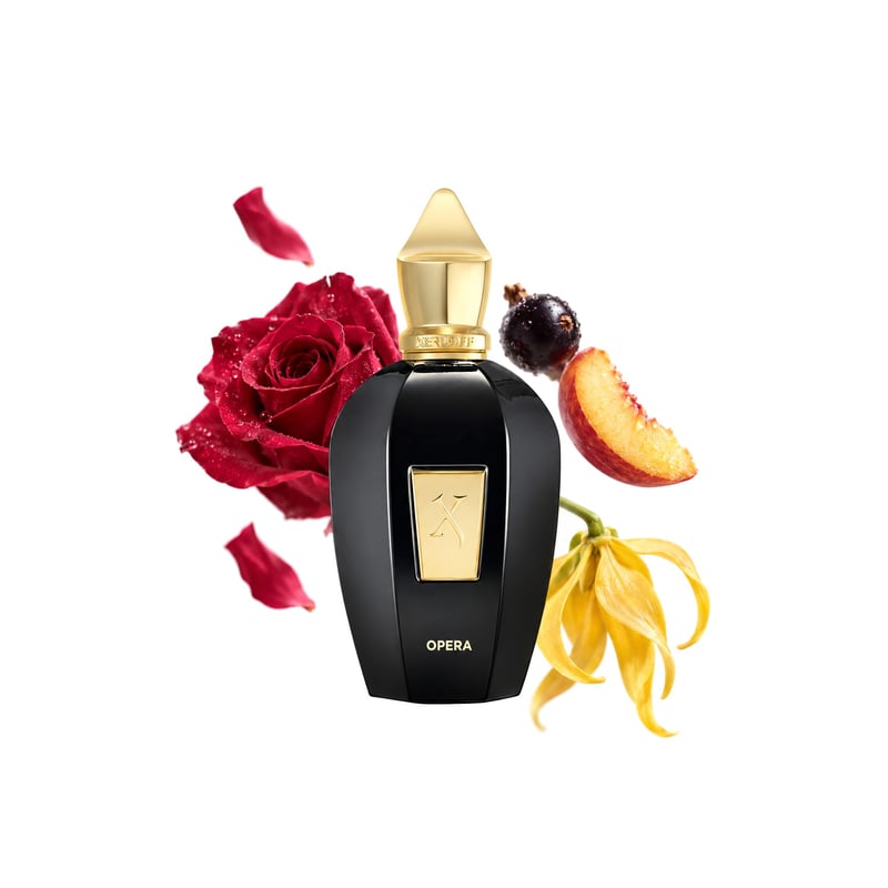 Opera by Xerjoff, bottle pictured with its key notes: Turkish Rose, Fruits and Ylang-ylang