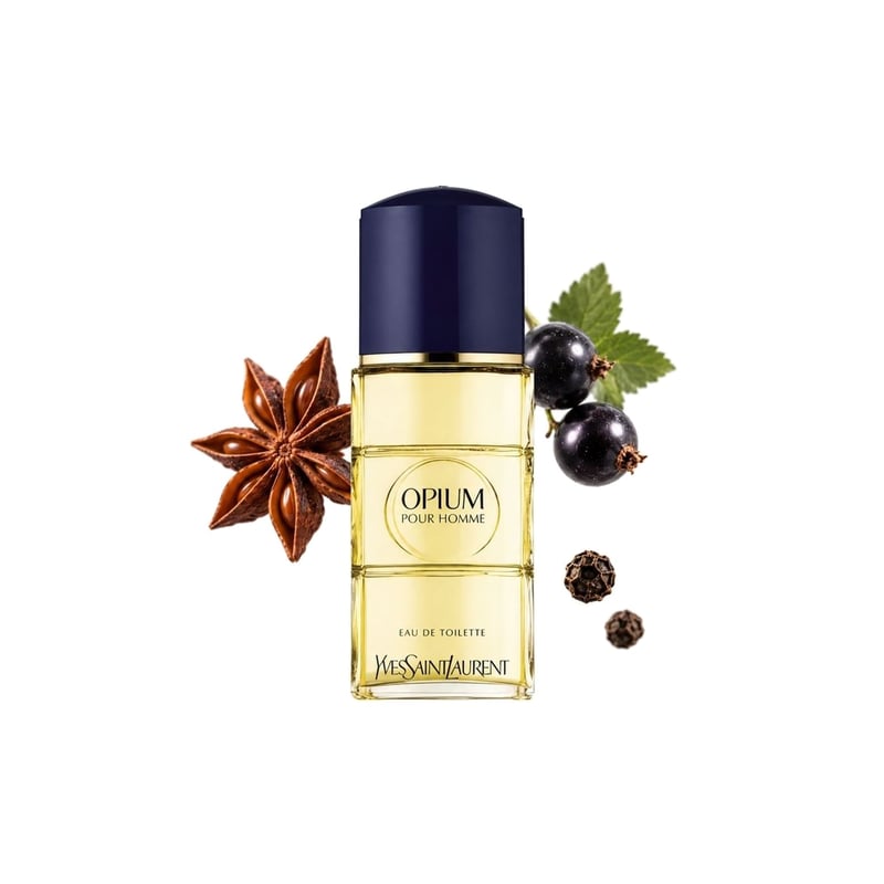 Opium Pour Homme by Yves Saint Laurent, bottle pictured with its key notes: Star Anise, Black Currant and Pepper
