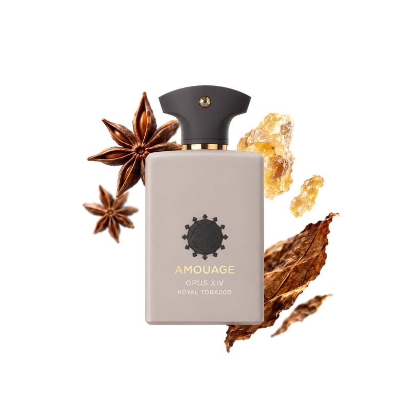 Opus XIV Royal Tobacco by Amouage, bottle pictured with its key notes: Anise, Elemi Resin and Tobacco