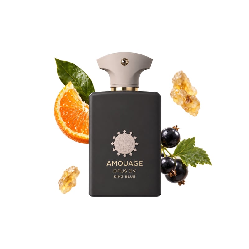 Opus XV – King Blue by Amouage, bottle pictured with its key notes: Mandarin Orange, Black Currant and Frankincense