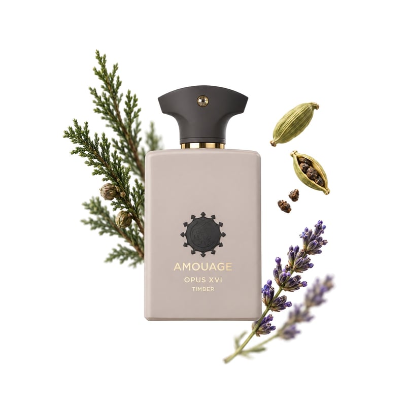 Opus XVI Timber by Amouage, bottle pictured with its key notes: Cypress, Cardamom and Lavandin