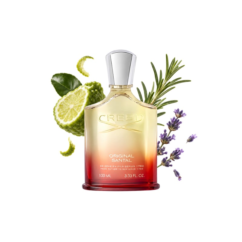 Original Santal by Creed, bottle pictured with its key notes: Bergamot, Rosemary and Lavender