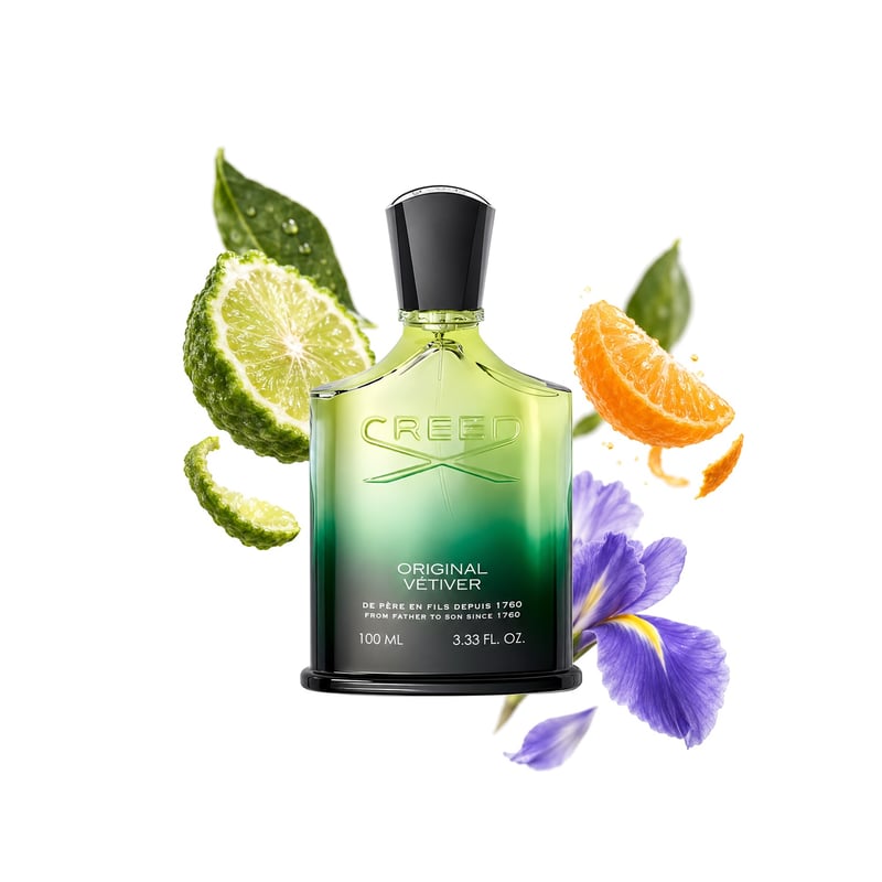 Original Vetiver by Creed, bottle pictured with its key notes: Bergamot, Mandarin Orange and Iris