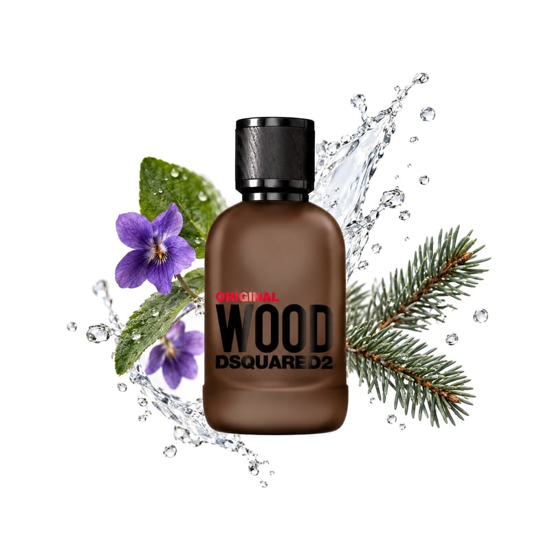 Original Wood by DSQUARED², bottle pictured with its key notes: Violet Leaf, Watery Notes and Silver Fir