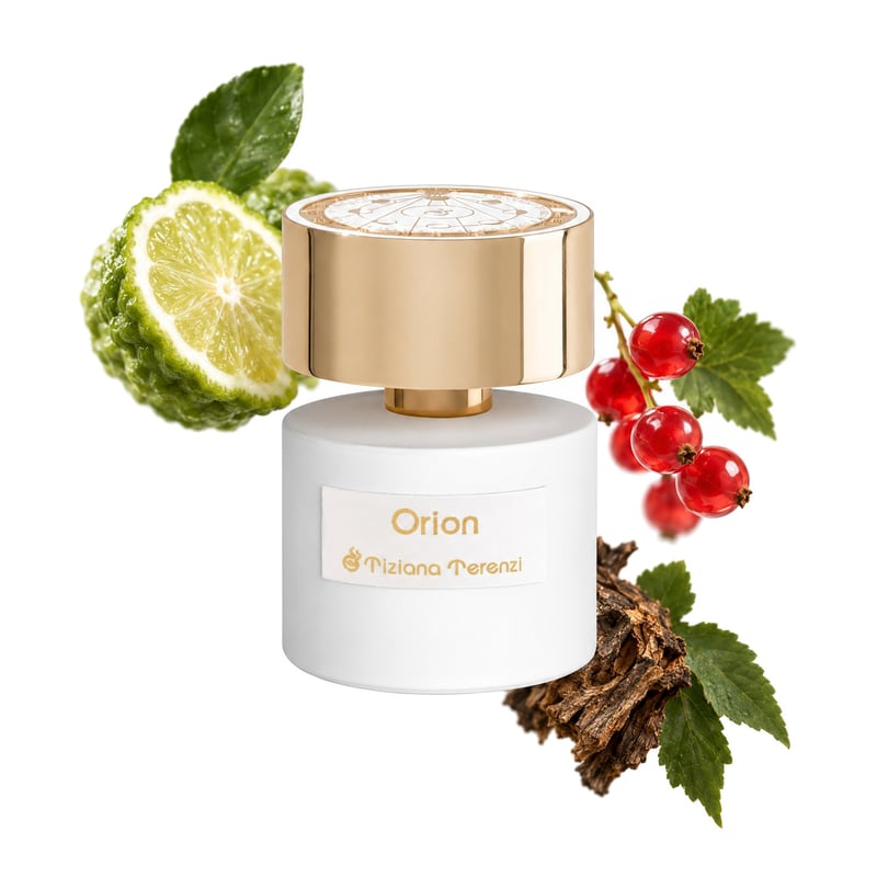 Orion by Tiziana Terenzi, bottle pictured with its key notes: Bergamot, Red Currant and Indian Patchouli