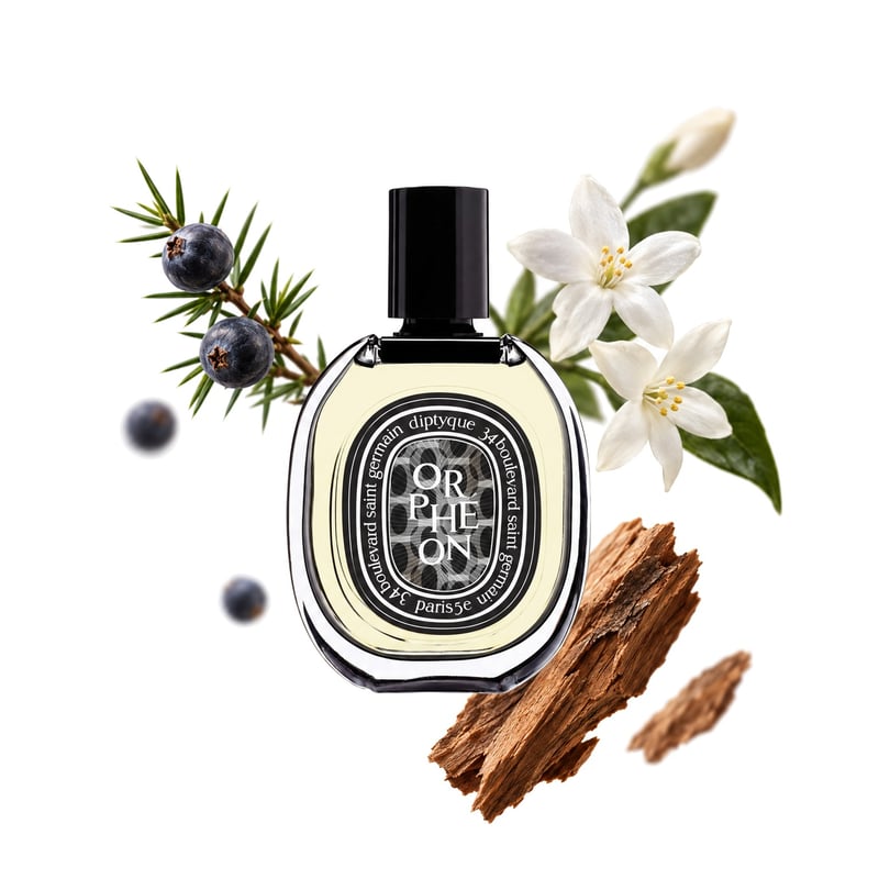 Orphéon by Diptyque, bottle pictured with its key notes: Juniper Berry, Jasmine and Cedar
