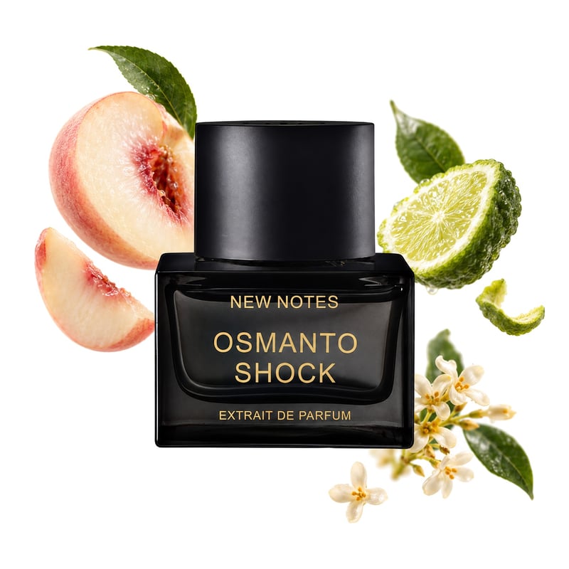 Osmanto Shock di New Notes, flacone con le sue note principali: Pesca bianca, Bergamotto e Osmanto