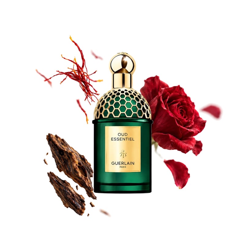 Oud Essentiel by Guerlain, bottle pictured with its key notes: Saffron, Rose and Oud