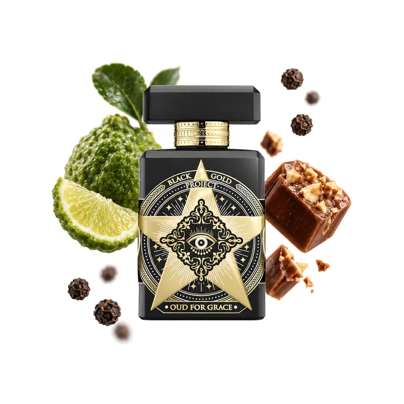 Oud for Grace by Initio Parfums Prives, bottle pictured with its key notes: Bergamot, Praline and Black Pepper