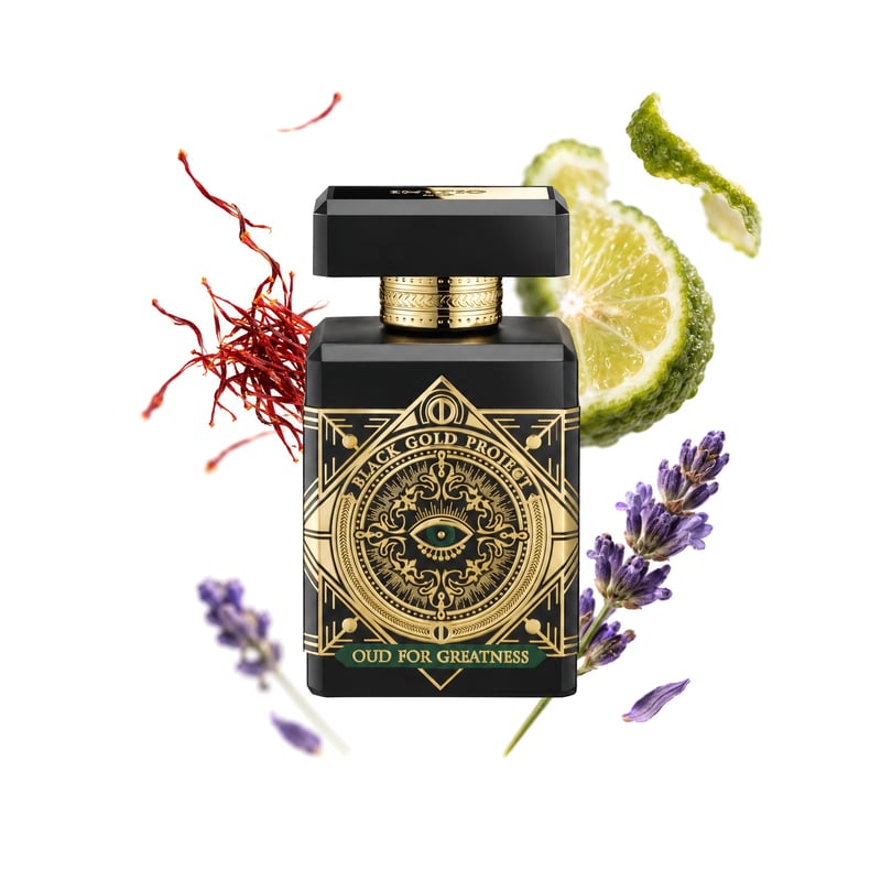 Oud for Greatness Neo di Initio Parfums Prives, flacone con le sue note principali: Zafferano, Bergamotto e Lavanda