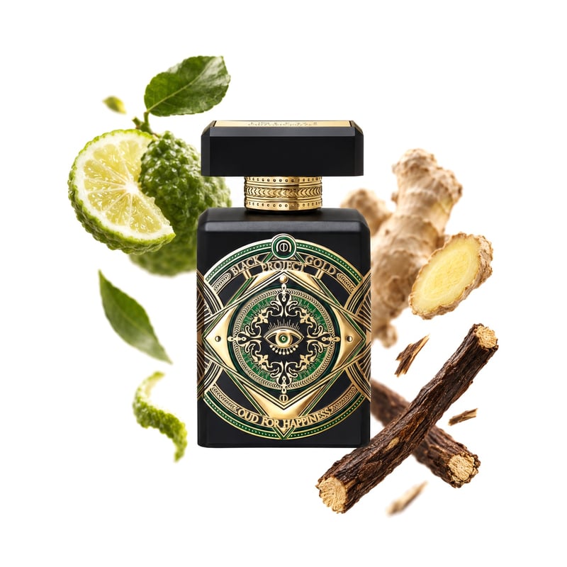 Oud for Happiness di Initio Parfums Prives, flacone con le sue note principali: Bergamotto, Zenzero e Liquirizia