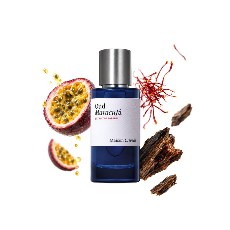 Oud Maracujá by Maison Crivelli, bottle pictured with its key notes: Passion Fruit, Saffron and Oud