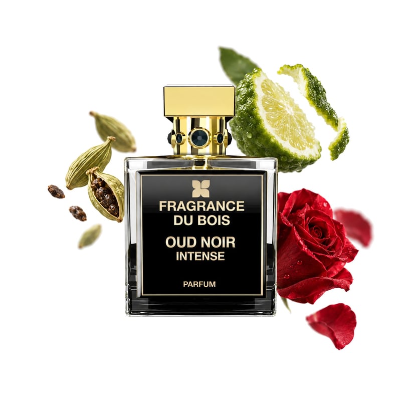 Oud Noir Intense by Fragrance Du Bois, bottle pictured with its key notes: Cardamom, Bergamot and Rose