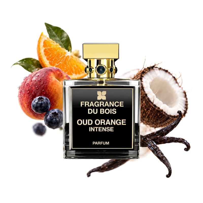 Oud Orange Intense by Fragrance Du Bois, bottle pictured with its key notes: Fruity Notes, Coconut and Bourbon Vanilla