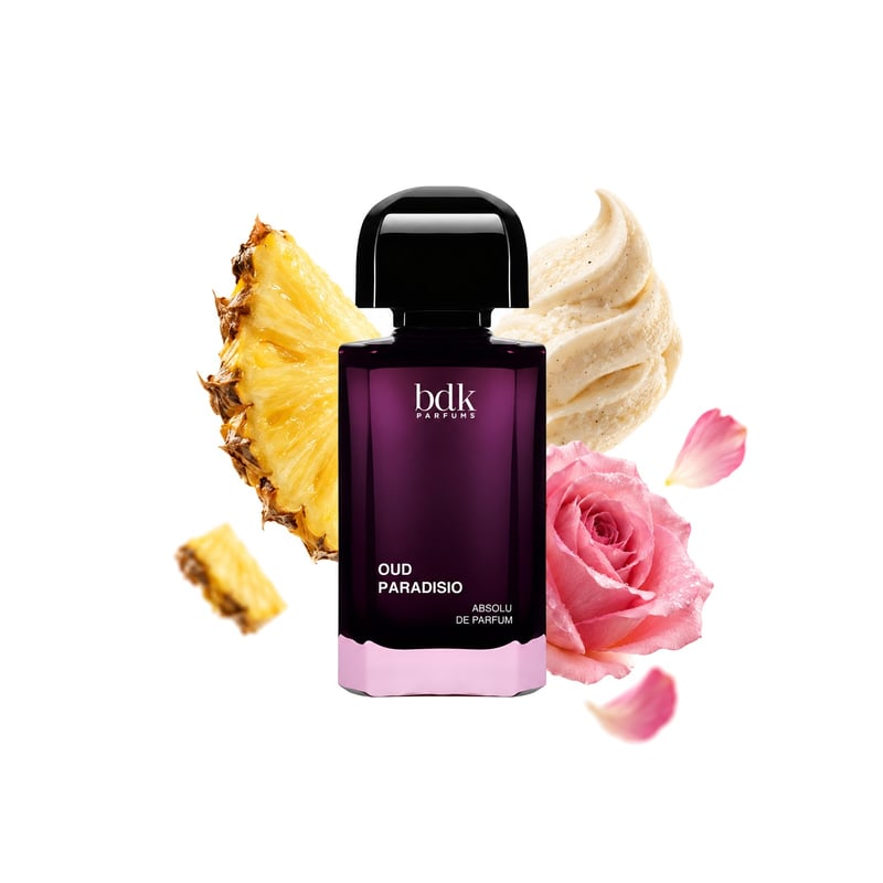 Oud Paradiso by BDK Parfums, bottle pictured with its key notes: Pineapple, Ice Cream and Bulgarian Rose