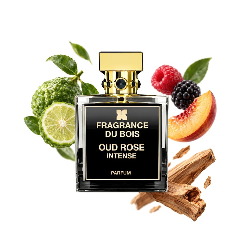 Oud Rose Intense by Fragrance Du Bois, bottle pictured with its key notes: Bergamot, Fruity Notes and Sandalwood