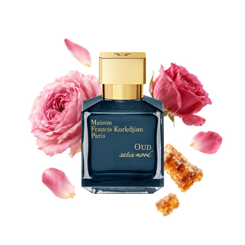 Oud Satin Mood by Maison Francis Kurkdjian, bottle pictured with its key notes: Bulgarian Rose, Turkish Rose and Benzoin