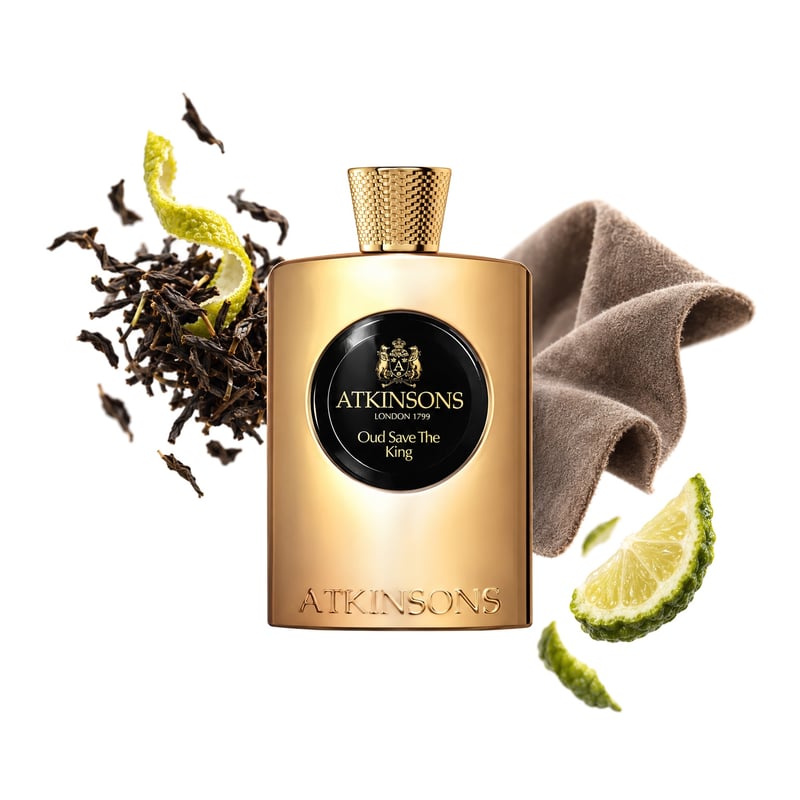 Oud Save The King by Atkinsons, bottle pictured with its key notes: Earl Grey Tea, Bergamot and Suede