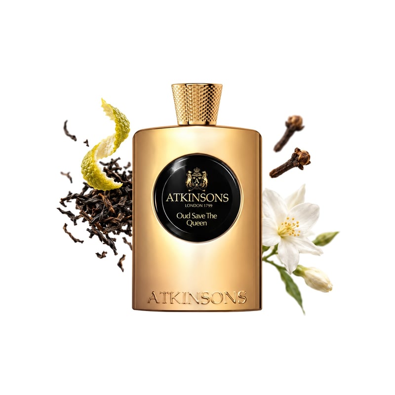 Oud Save The Queen by Atkinsons, bottle pictured with its key notes: Earl Grey Tea, Clove and Jasmine