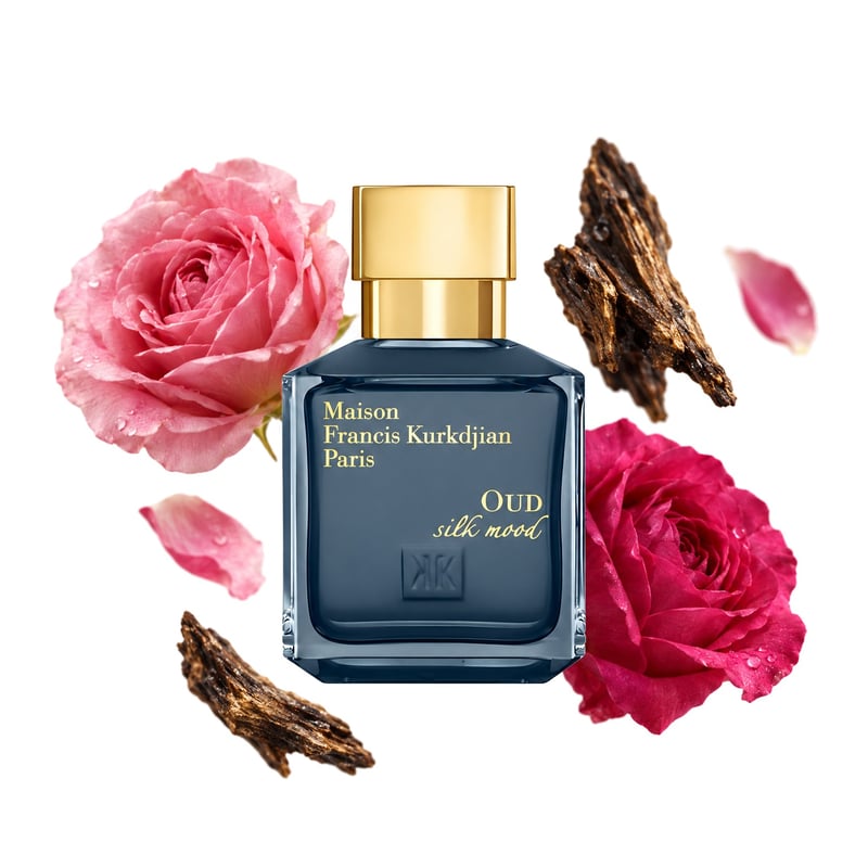Oud Silk Mood by Maison Francis Kurkdjian, bottle pictured with its key notes: Damascena Rose, Bulgarian Rose and Oud
