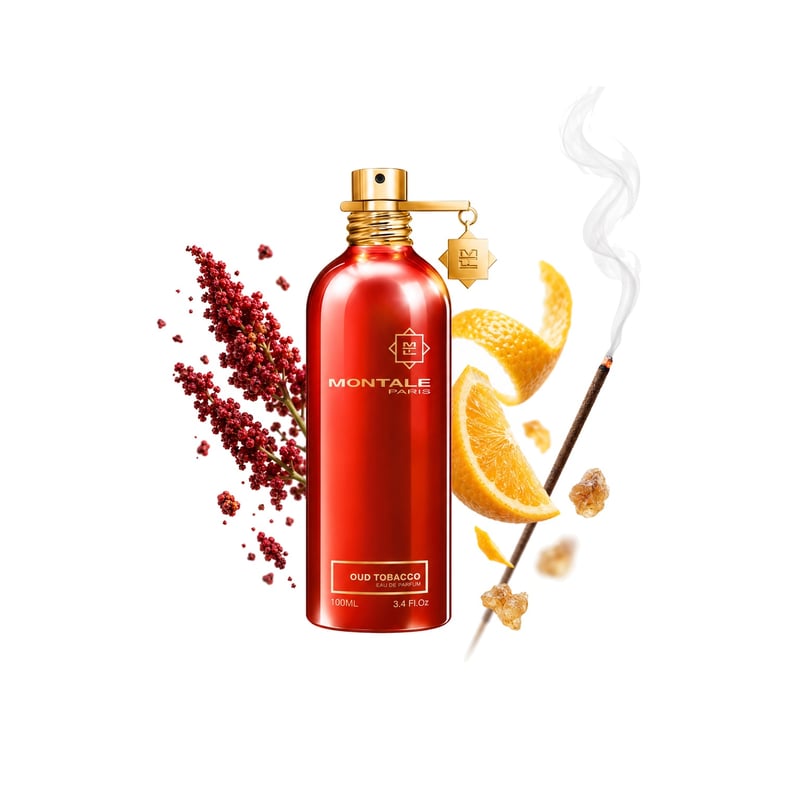 Oud Tobacco by Montale, bottle pictured with its key notes: Sumac, Citruses and Incense